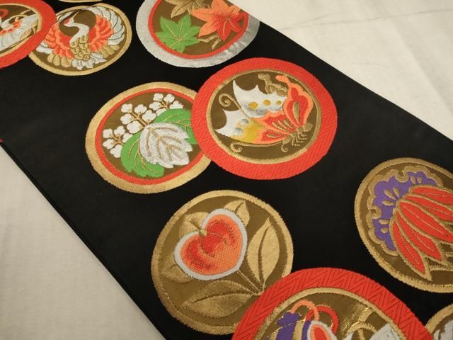 平和屋着物[]子供　全通柄袋帯　唐織　花蝶丸文　黒地　金銀糸　逸品　AABE2164ja