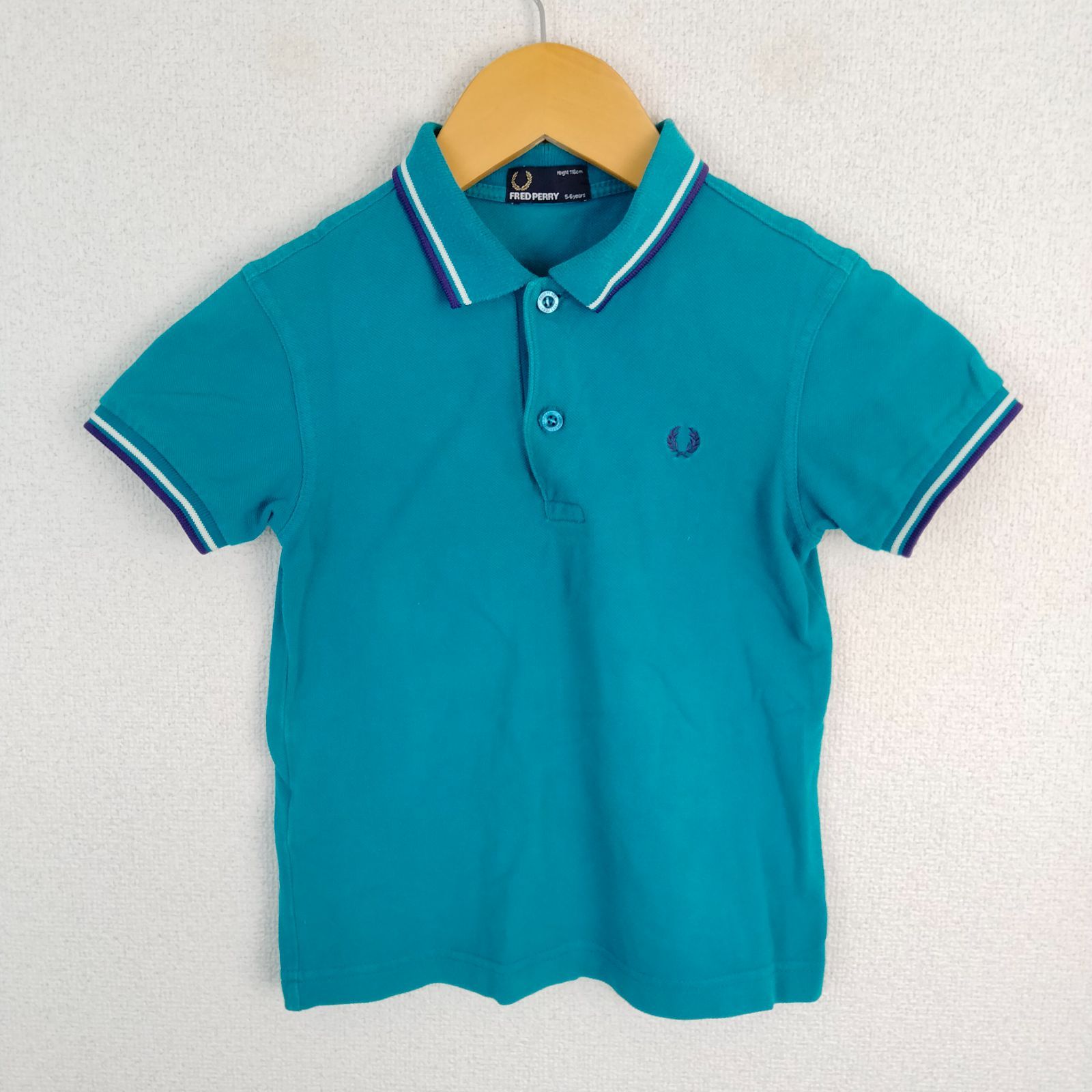 FRED PERRY フレッドペリー ポロシャツ ワンポイント刺繡 襟ライン エメラルドグリーン 子供服 古着 スポーツMIX レトロ