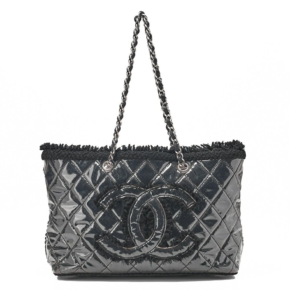CHANEL シャネル ツイードxレザーxビニール マトラッセ チェーントートバッグ 黒 シルバー金具 レディース バッグ 【中古】【送料無料】
