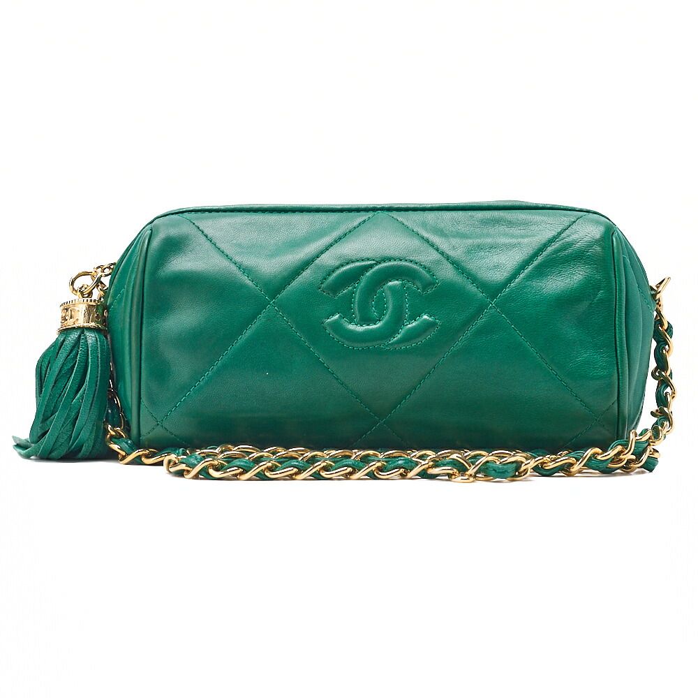 CHANEL シャネル　ラムスキン　マトラッセ　ココマーク　フリンジ付き　チェーンショルダー　グリーン（ゴールド金具）レディースバッグ ハイブランド【中古】【送料無料】