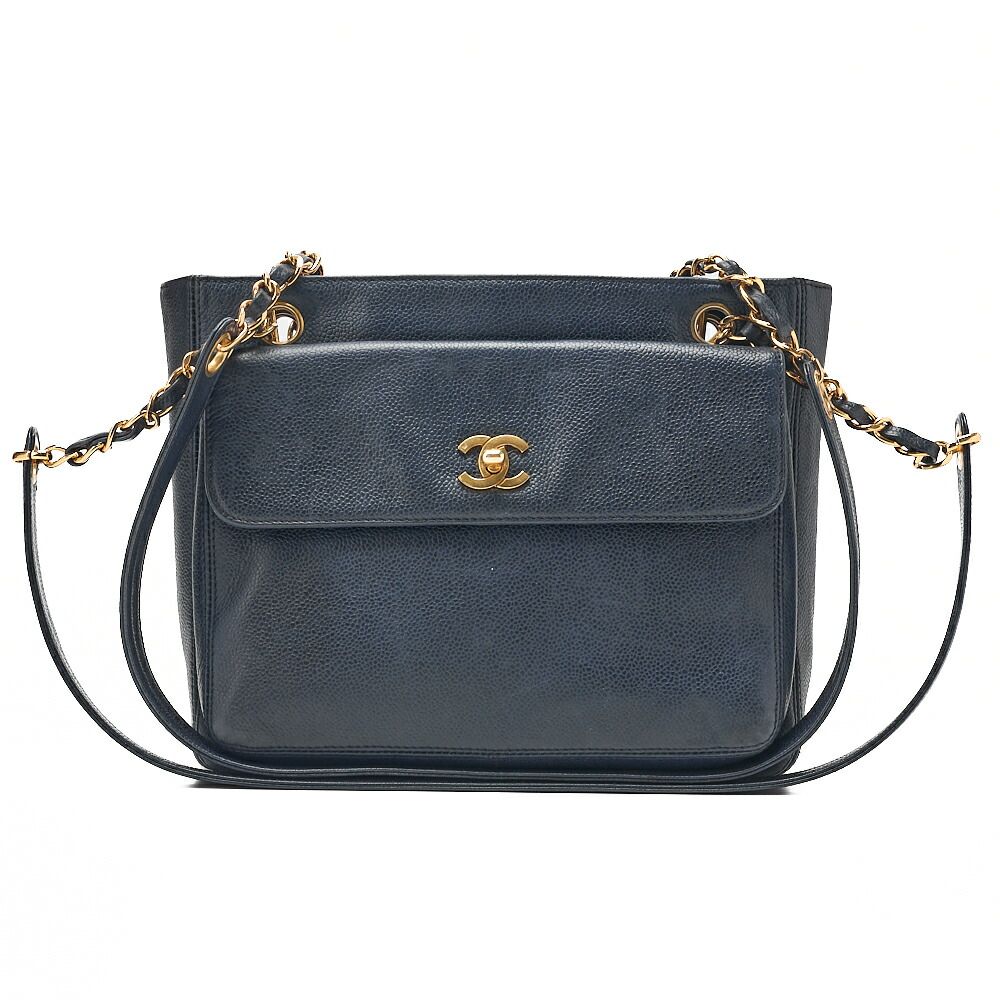 CHANEL シャネル キャビアスキン ターンロック アウトサイドフラップ Wチェーンショルダー ネイビー（ゴールド金具）【中古】【送料無料】