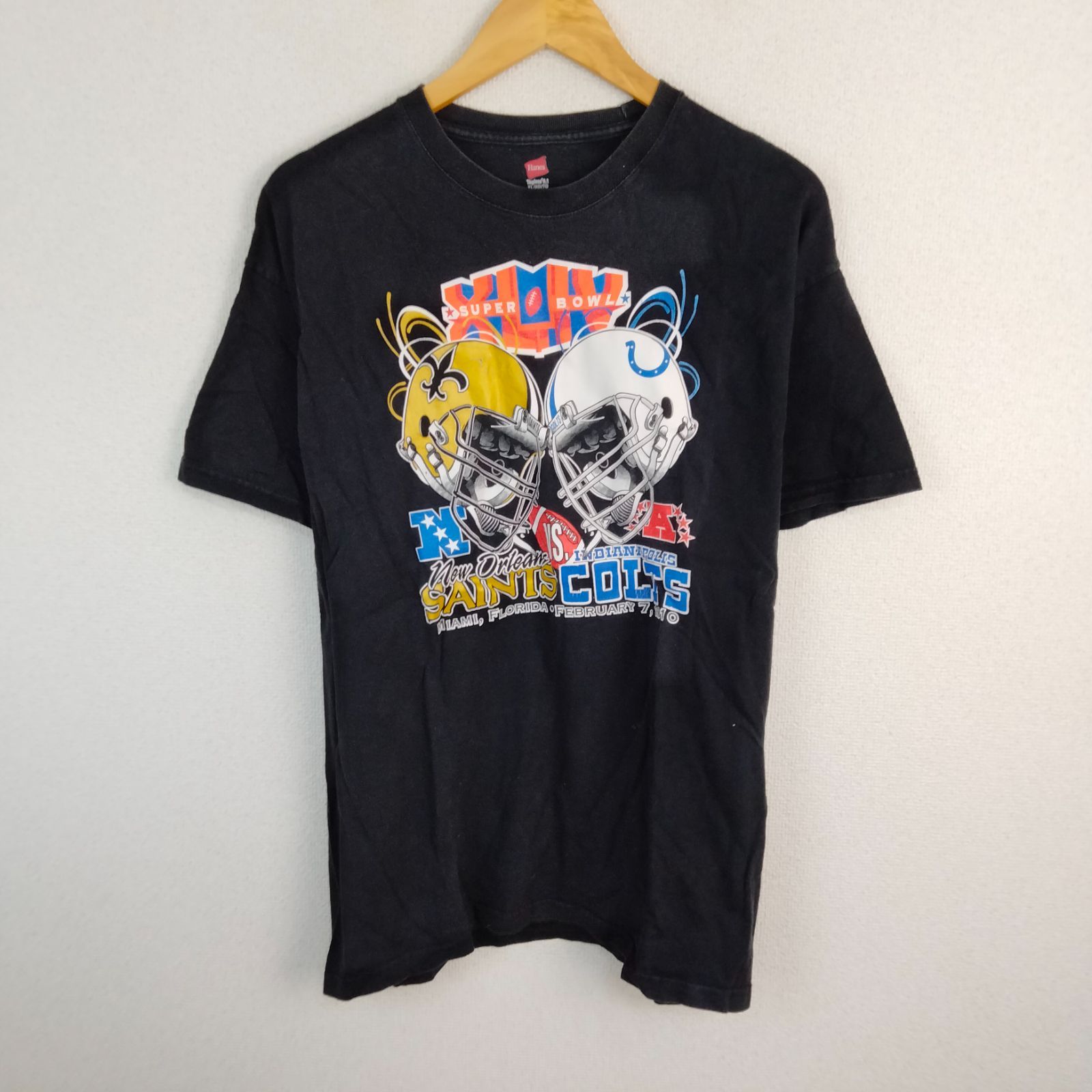 Hanes ヘインズ Tシャツ SUPER BOWL XLIV プリント ブラック XL メンズ 古着 スポーツMIX アメカジ
