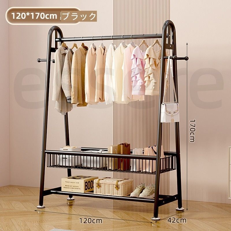ハンガーラック 衣類収納ラック コートハンガー 120x170cm 洋服掛け パイプハンガー 室内用 寝室 リビング 省スペース 組み立て簡単 おしゃれ 2段ブラック
