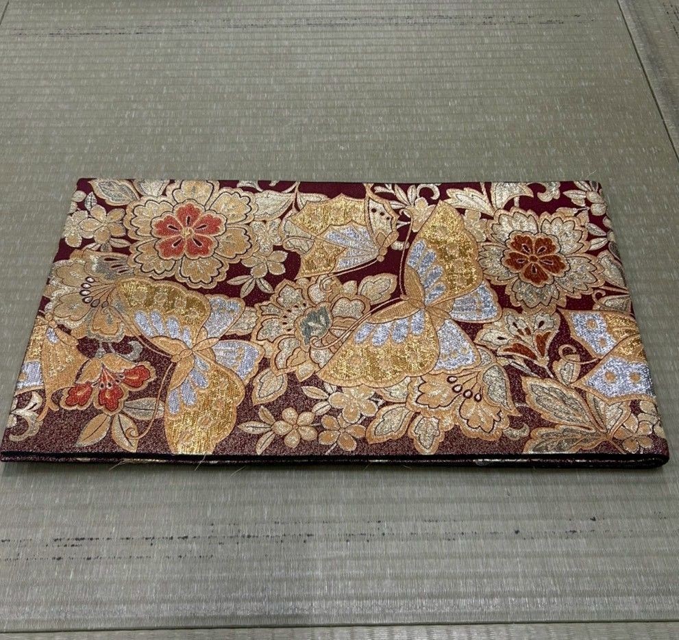 7 袋帯 留袖 訪問着 蝶 花柄 ボルドー 金 テーブルランナー Table