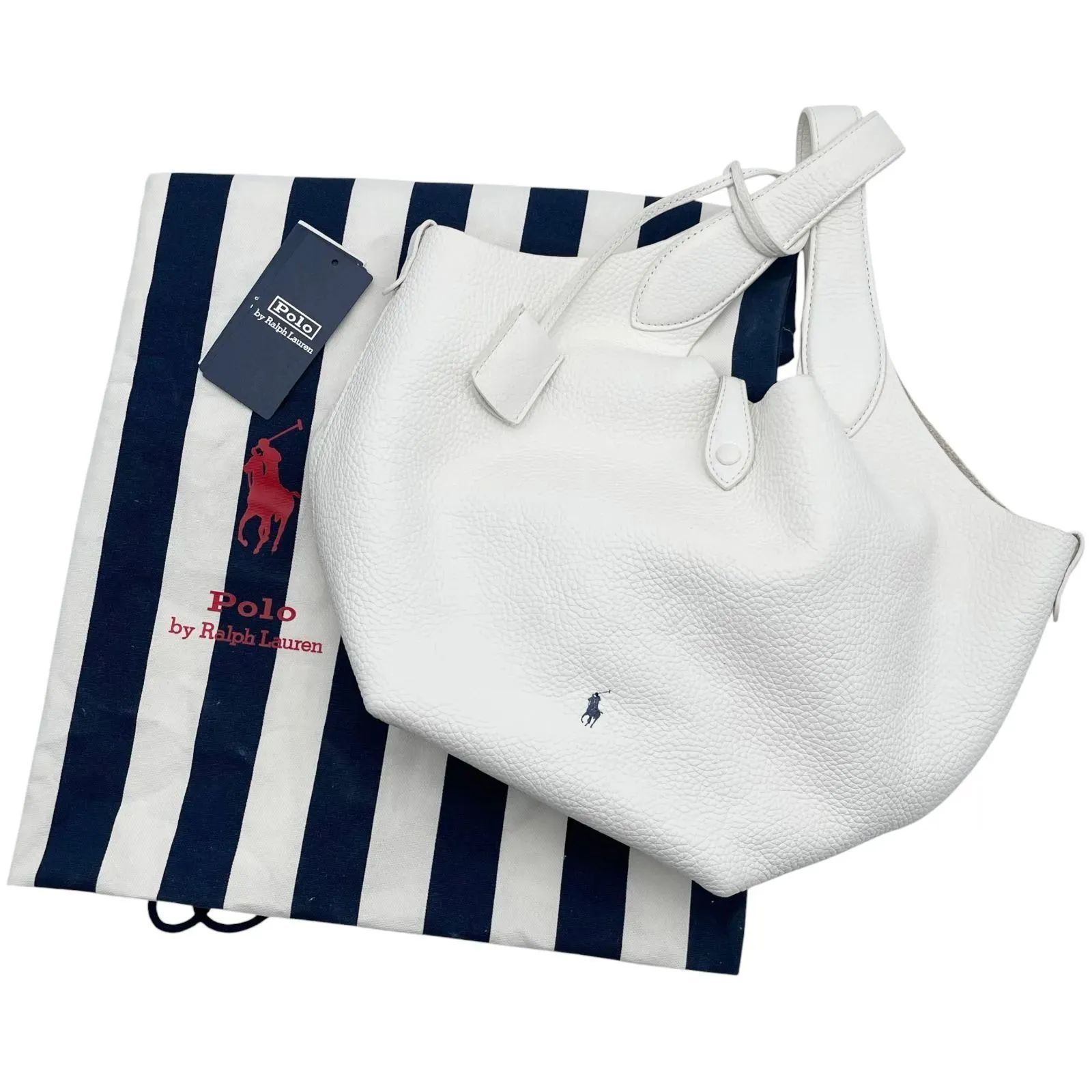 美品 PORO RALPH LAUREN ポロ ラルフローレン Polo Play ポロプレイ レザーラージトート ハンドバッグ シボ革 ロゴ ワンポイント ホワイト タグ 保存袋付き