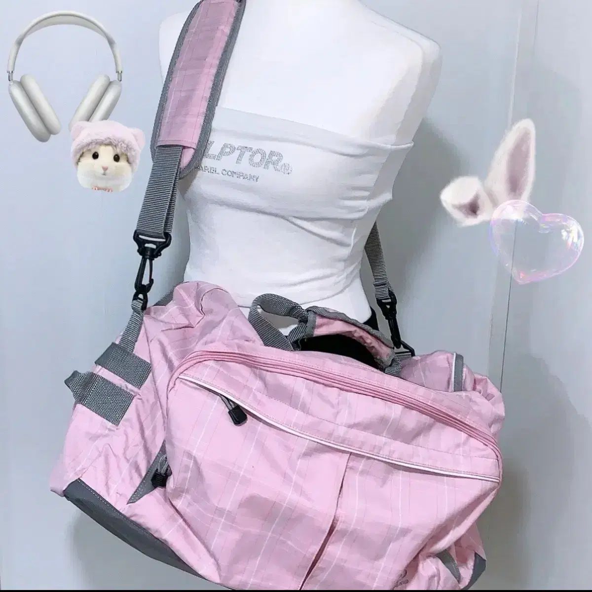 ピコ ピンク チェック ボストンバッグ クロス