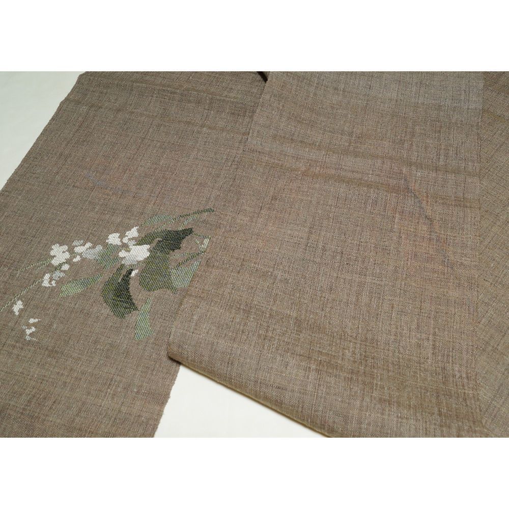 夏物 八寸名古屋帯 紗 枝花模様 正絹 江戸鼠色系 【中古 夏名古屋帯 夏