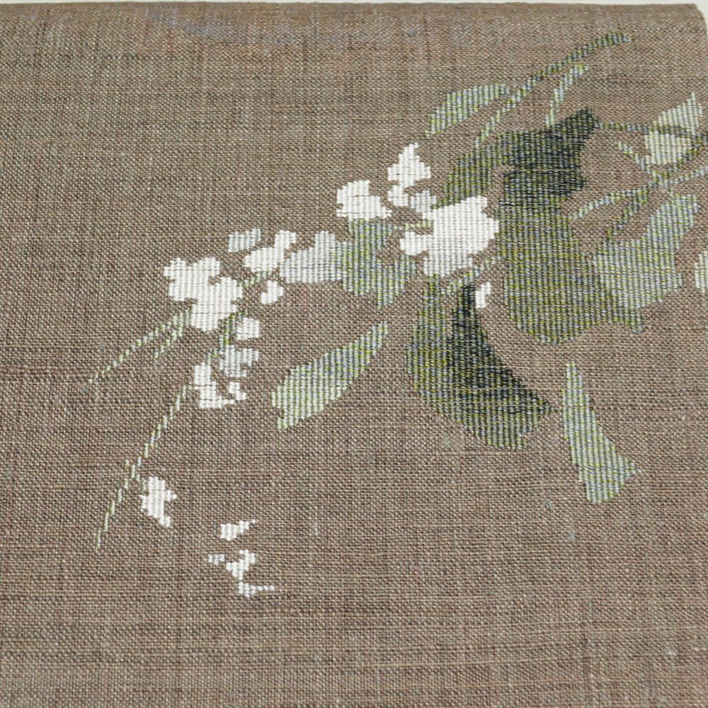 夏物 八寸名古屋帯 紗 枝花模様 正絹 江戸鼠色系 【中古 夏名古屋帯 夏
