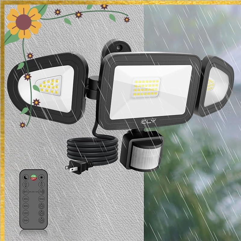 CLY LEDセンサーライト 屋内/屋外使用可 人感センサー LED投光器 42W 昼白色 6500K フラッドライト リモコン操作 自動点灯/消灯 高輝度 4200ルーメン 3灯式 IP66防水仕様 省エネ 明るい 防犯ライト 投光器 ガレージ 庭 玄関 0