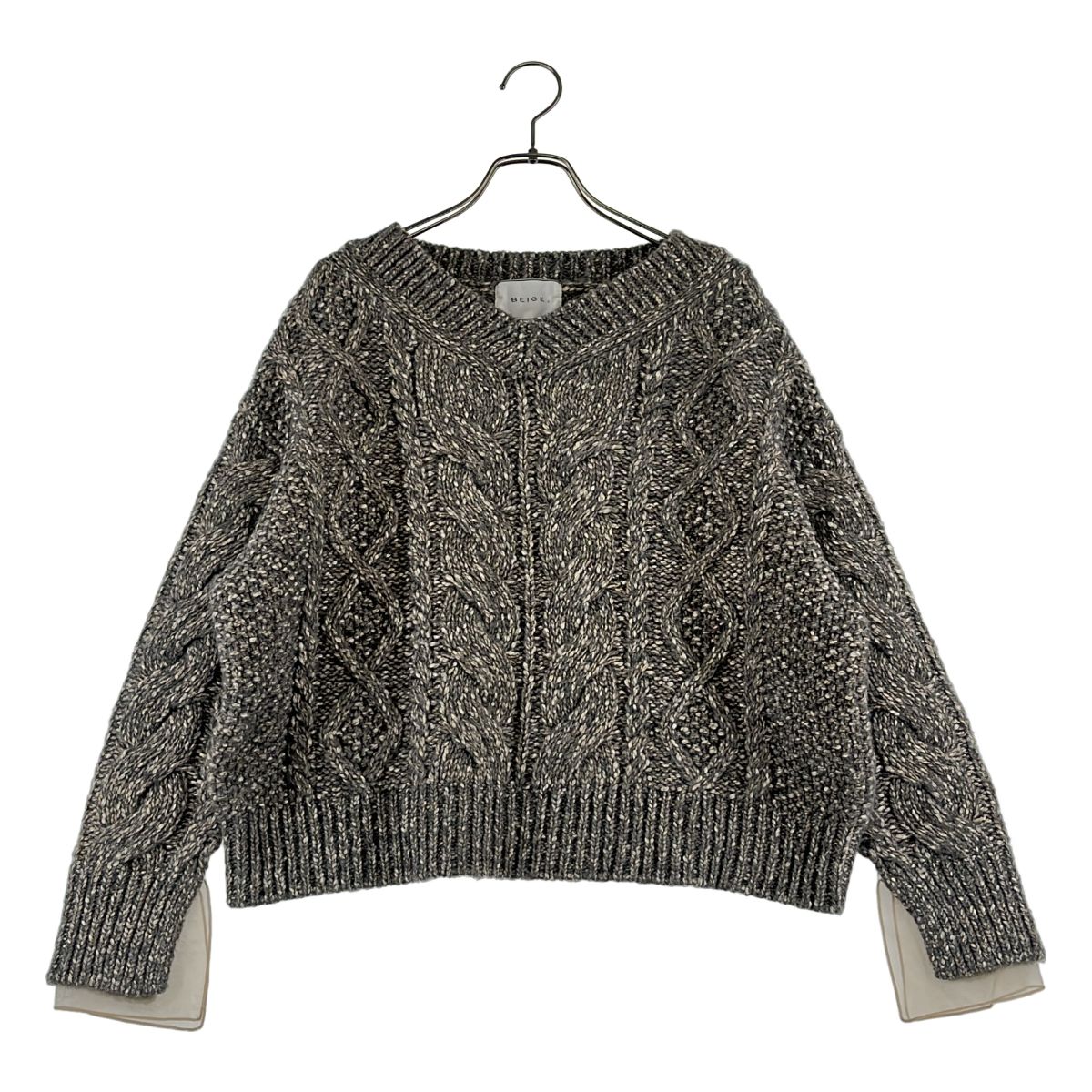 【美品】 BEIGE， / ベイジ | シアーレイヤードスリーブ ケーブル ニット セーター | 4 | グレー | レディース