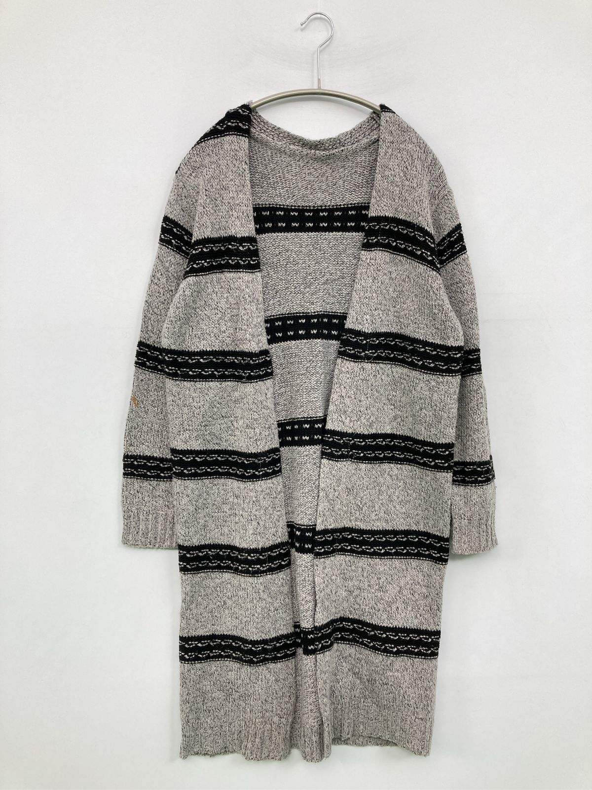 カーディガン/ボレロ グレー コットン ニット ボーダー柄 ロング丈 長袖 レディース