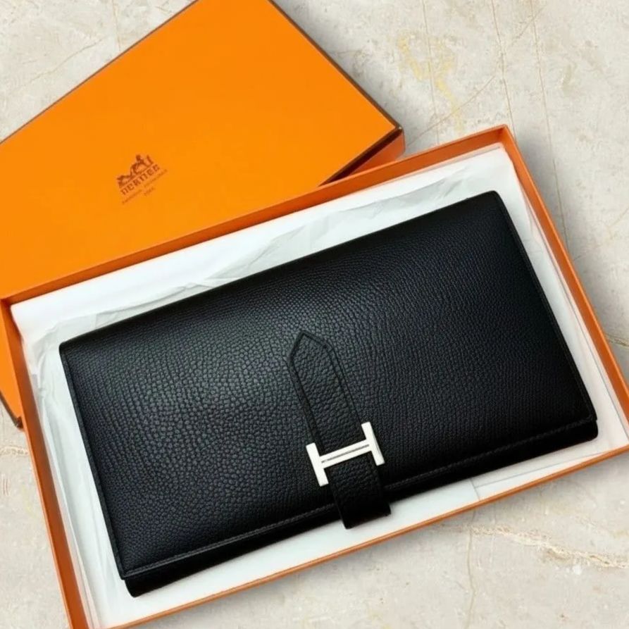 【HERMES】エルメス ベアン 三つ折り長財布 黒 デュプリ ヴォーエプソン ブラック シルバー金具 М刻印 美品 新品同様 中古