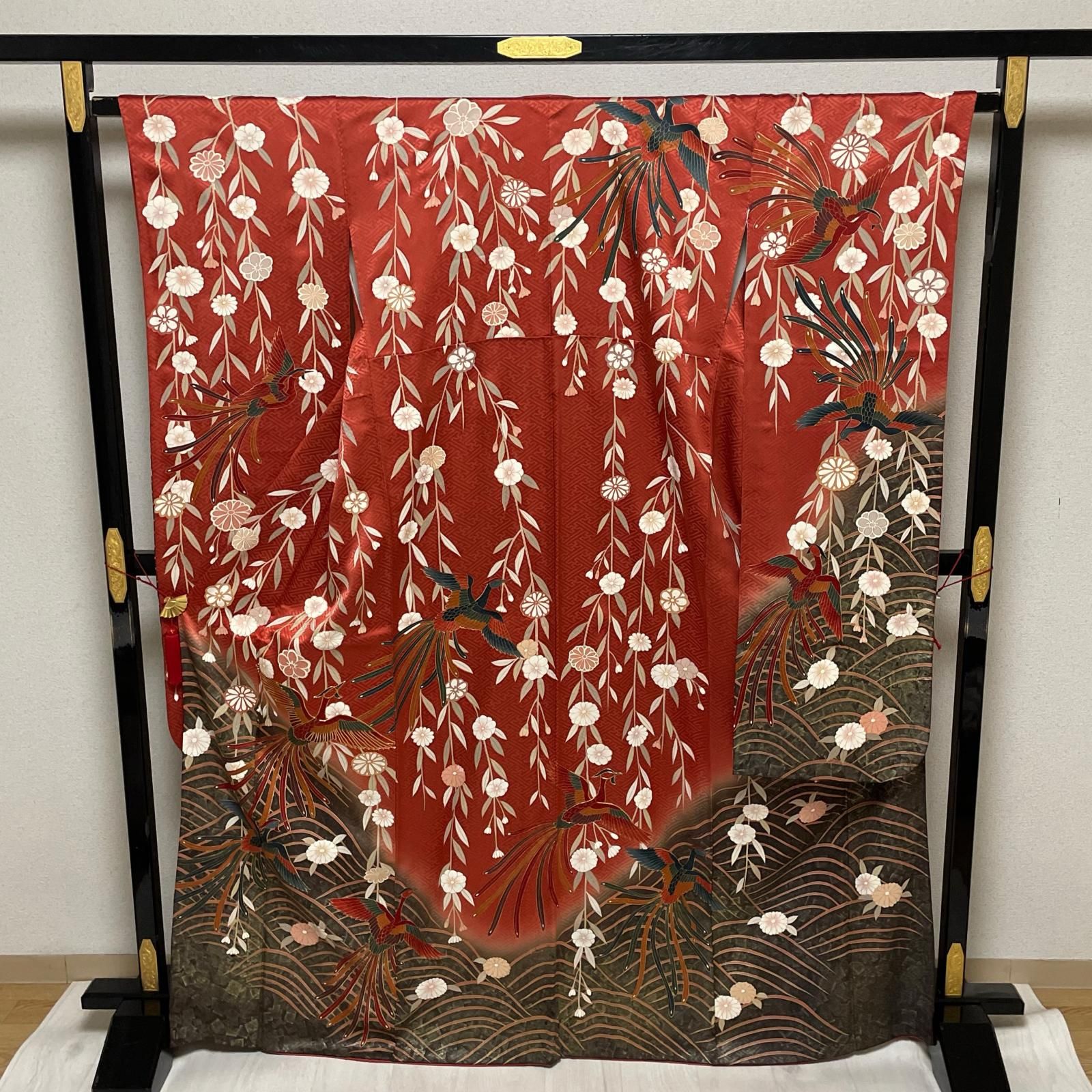 振袖 鳳凰に花模様 着物 正絹 X-1945