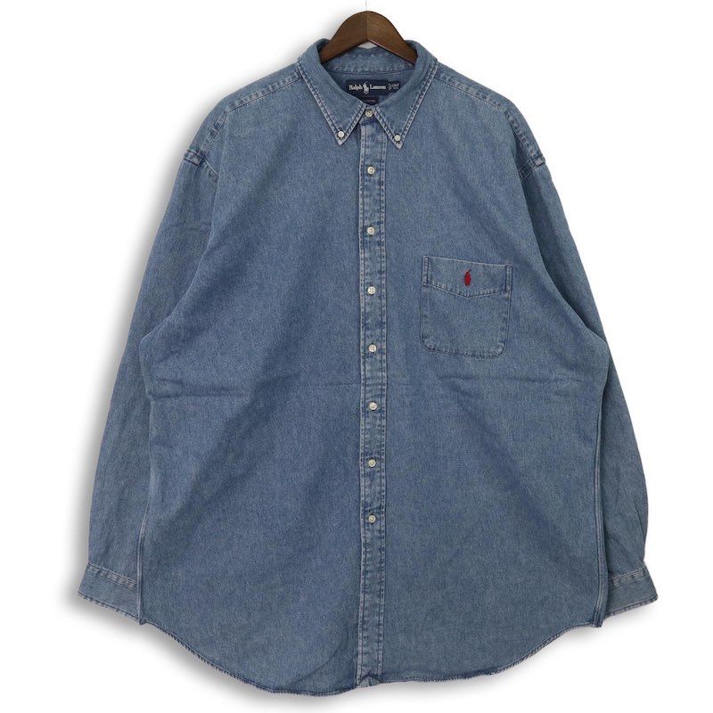 大きいサイズ メンズUS-2XL TALLサイズ 00's ラルフローレン 長袖デニムボタンダウンシャツ ポケット付き ブルー Ralph Lauren hsc-1141