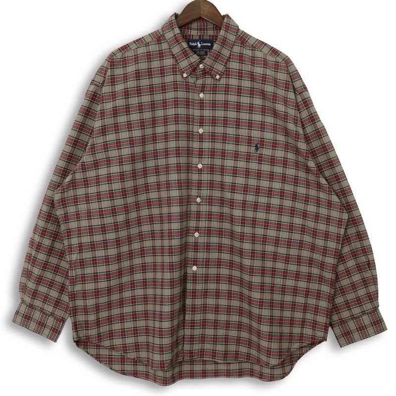 大きいサイズ メンズUS-XXL 90's ラルフローレン 長袖ボタンダウンシャツ BIG SHIRT オックスフォード チェック柄 RALPH LAUREN hsc-1142n
