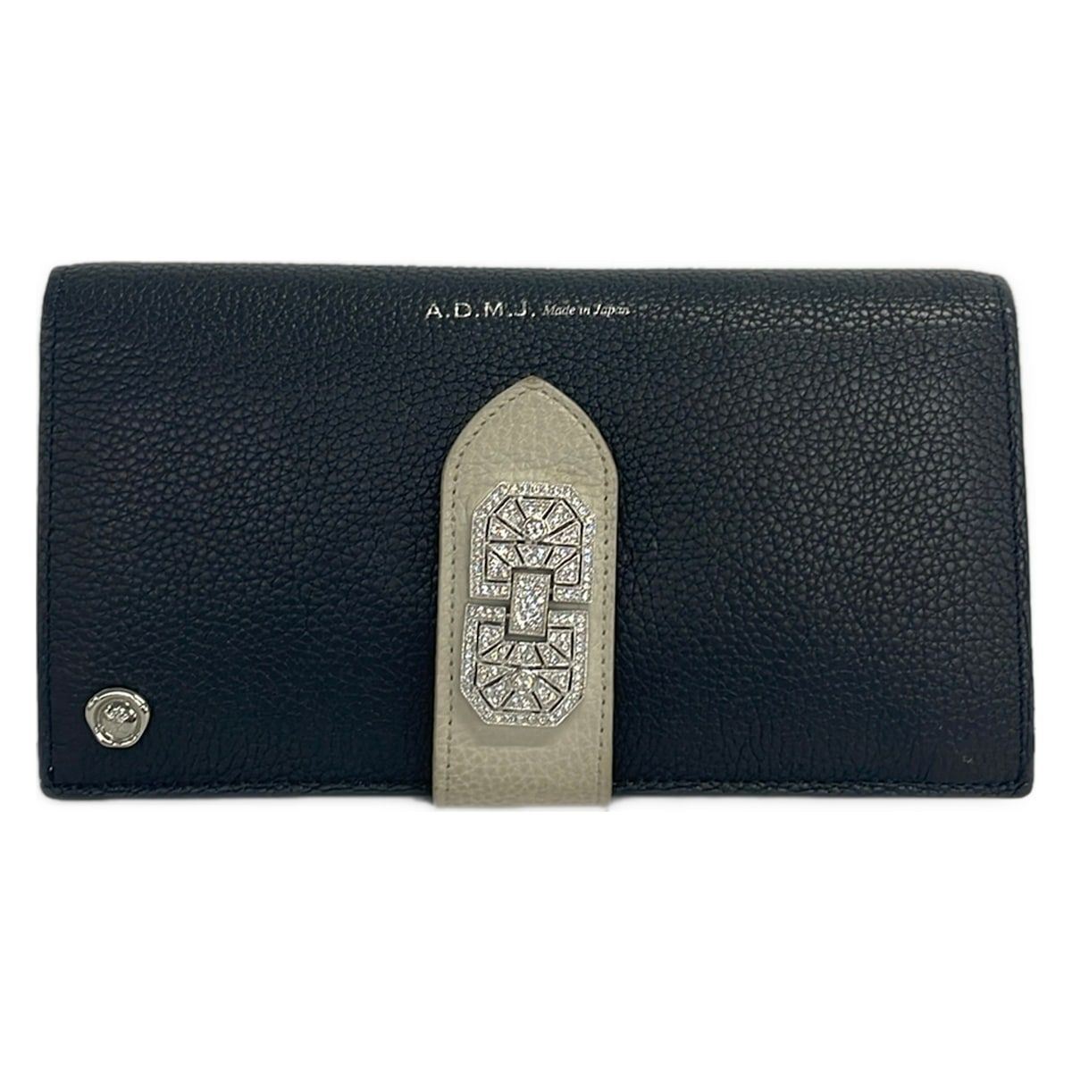 AccessoiresDeMademoiselle(ADMJ)(アクセソワ・ドゥ・マドモワゼル) 長財布 - ネイビー×ライトグレー スワロフスキークリスタル レザー