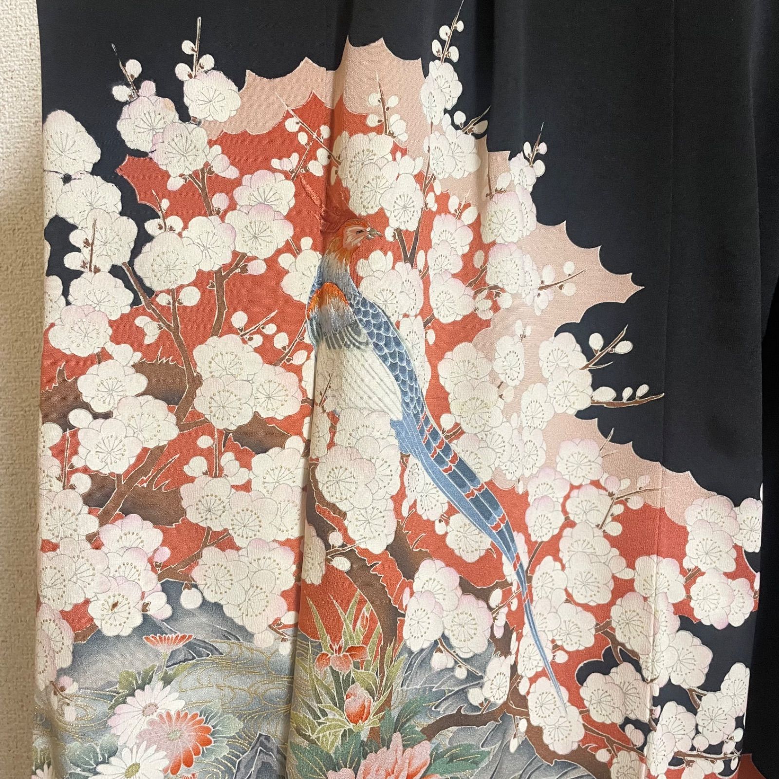 一点物 着物リメイク ロングワンピース ドレス 黒留袖 正絹 花鳥文