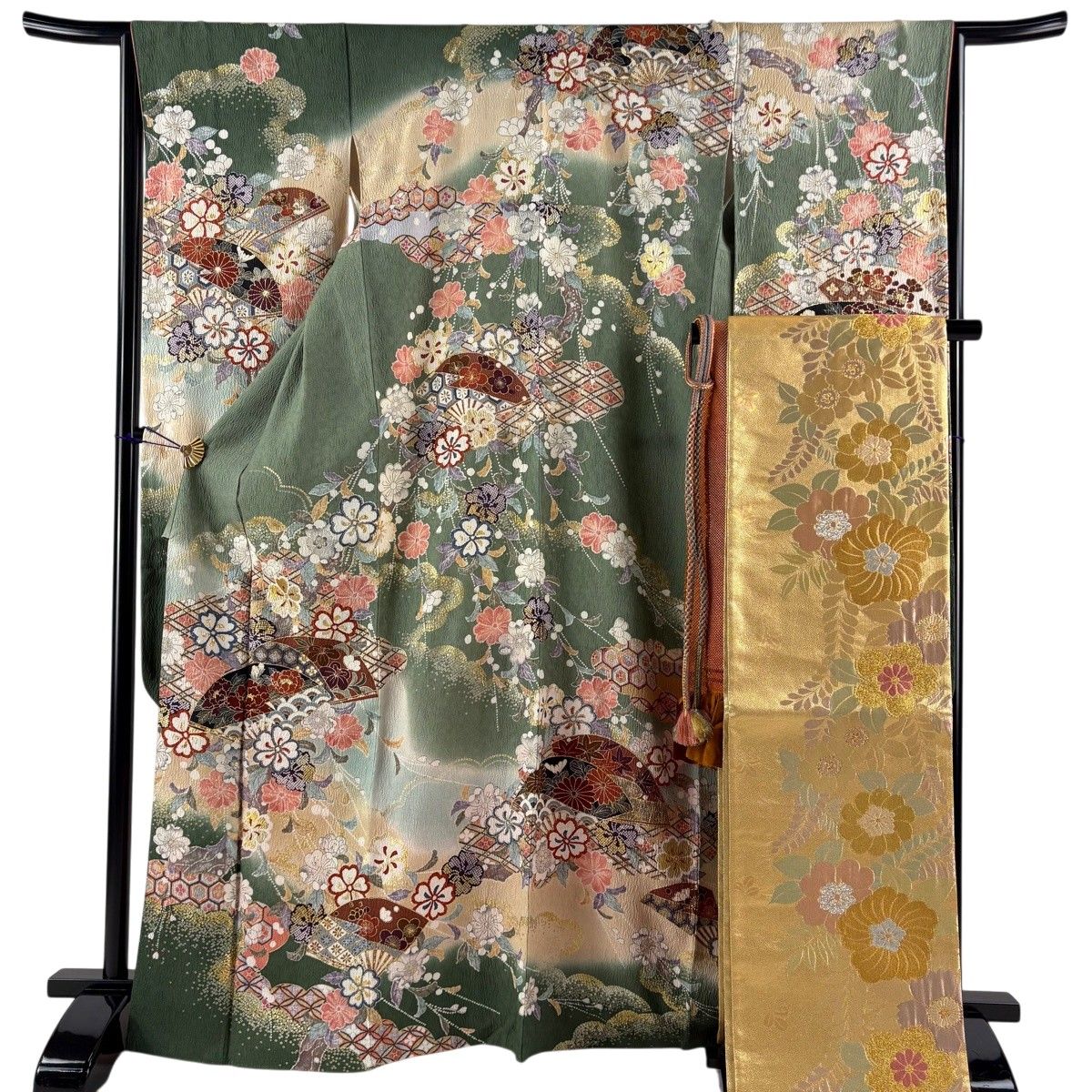 振袖 身丈168cm 裄丈65cm M 袷 袋帯フルセット 扇 桜 金彩 ぼかし 茶緑色 正絹 秀品 【中古】