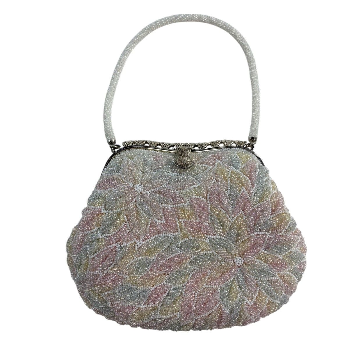 【美品】 和装バッグ 優品 ビーズバッグ フォーマル 花 白 ビーズ 和装小物 【中古】