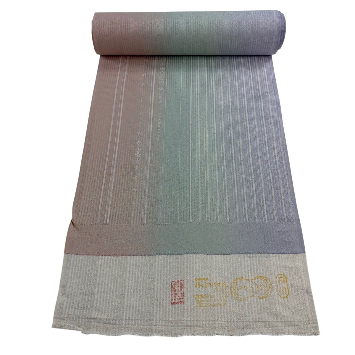 反物 秀品 小紋 梅 竹縞 薄緑 正絹 【中古】