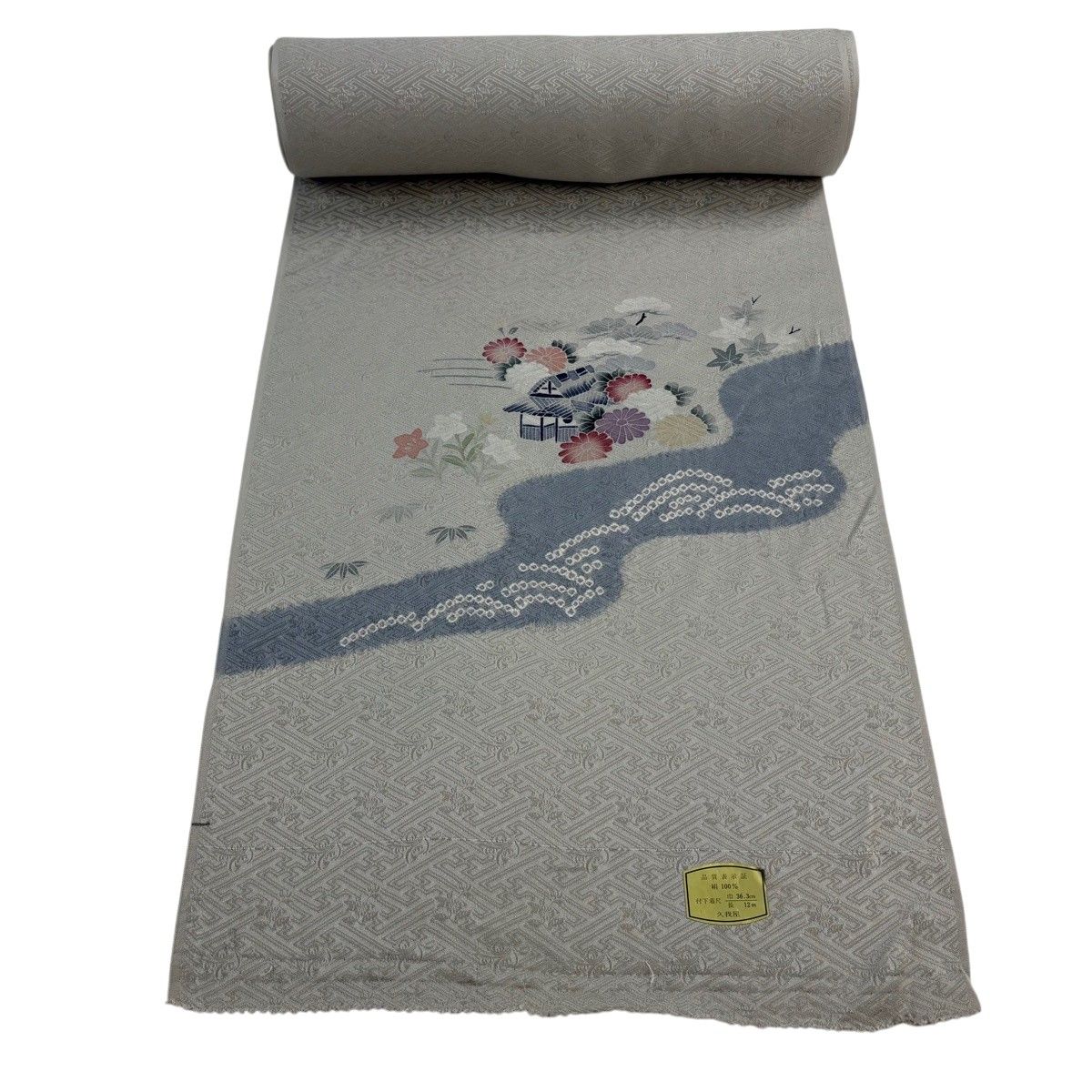 反物 秀品 付下げ 草花 建物 刺繍 灰色 正絹 【中古】