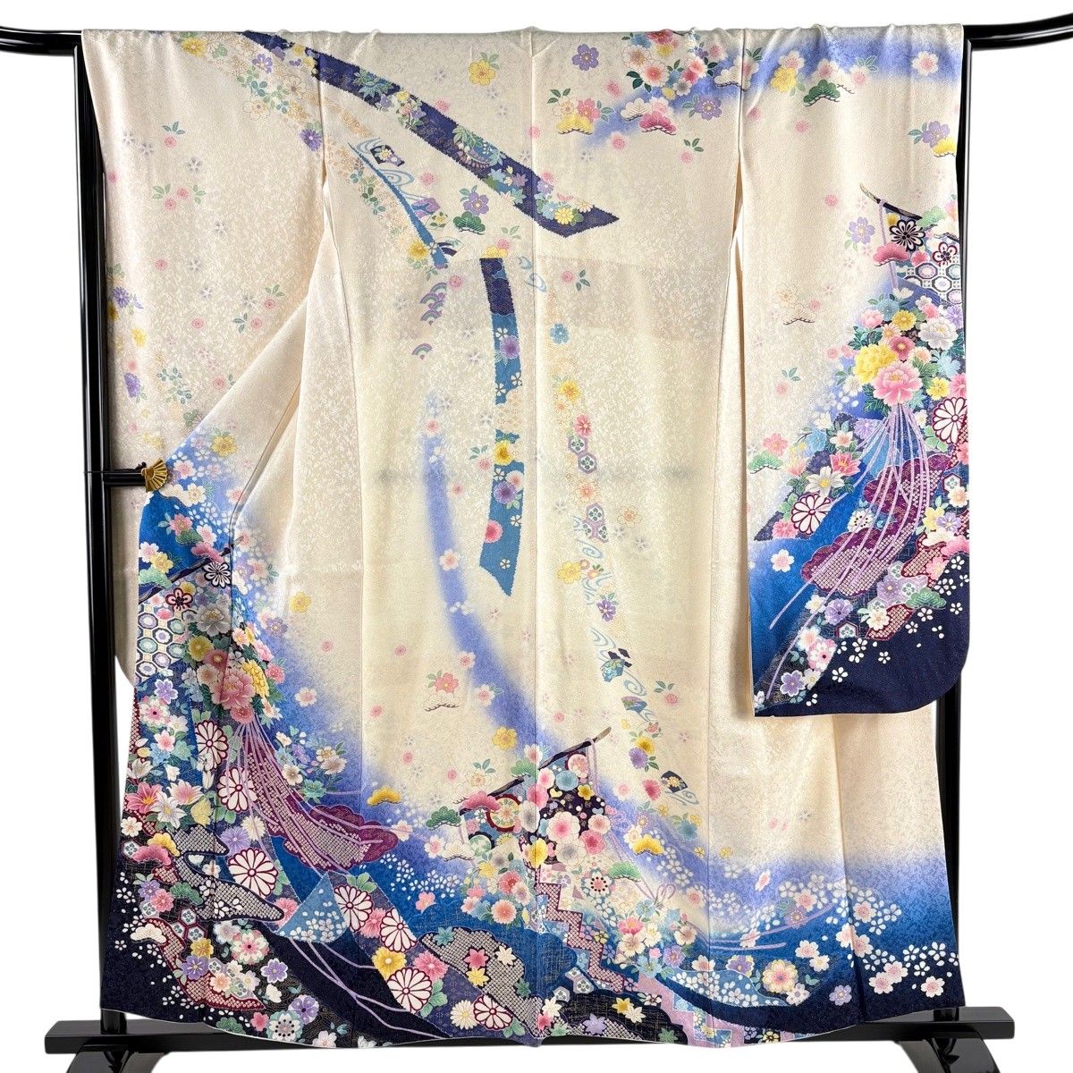 【美品】 振袖 身丈158cm 裄丈67cm M 袷 花丸文 几帳 金通し 金糸 ベージュ 正絹 逸品 【中古】
