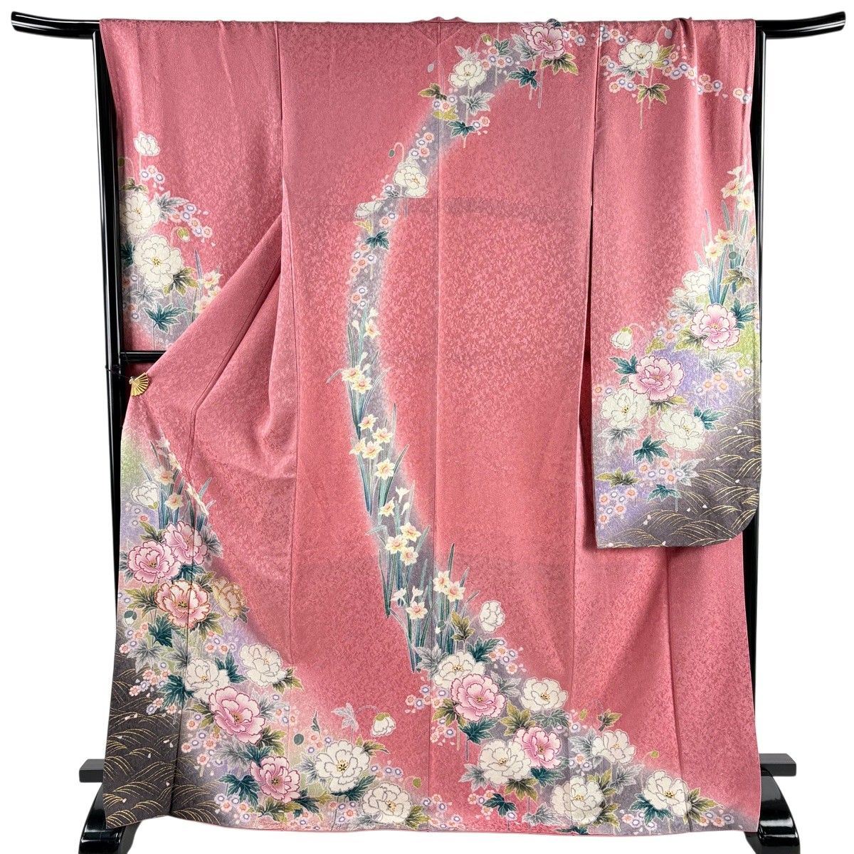 【美品】 振袖 身丈171cm 裄丈67cm M 袷 牡丹 波 金通し 金糸 ピンク 正絹 逸品 【中古】