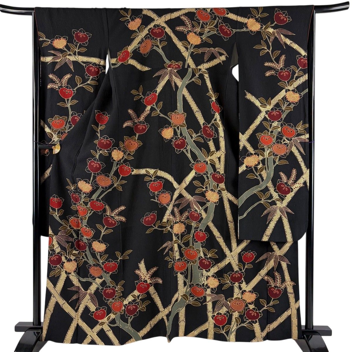 【美品】 振袖 身丈162cm 裄丈65cm M 袷 橘 竹 金彩 金糸 黒 正絹 名品 【中古】