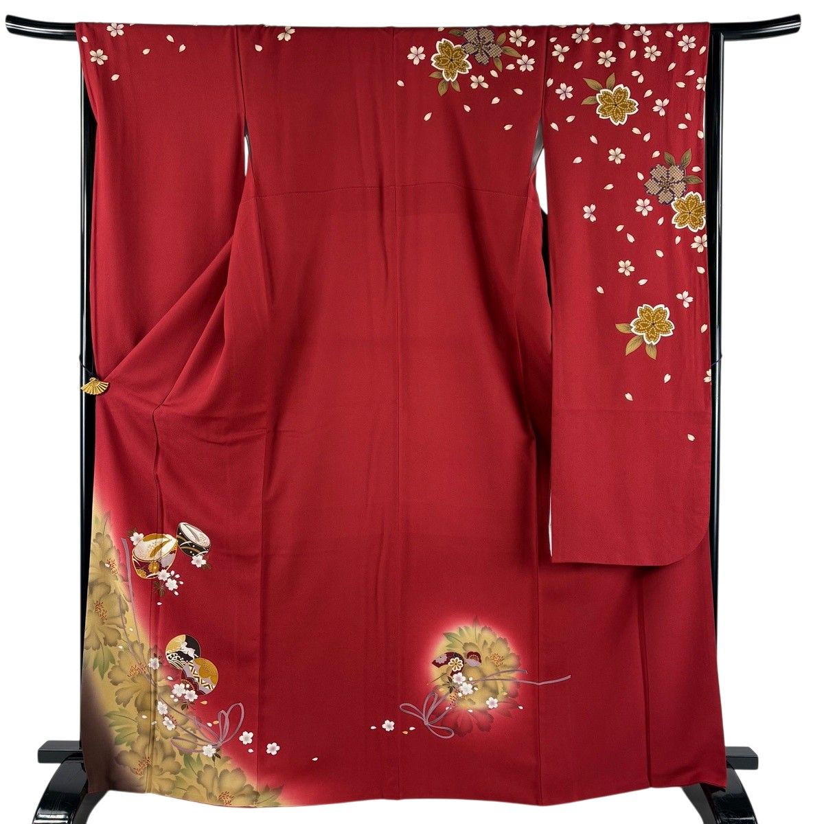 振袖 身丈166.5cm 裄丈67cm M 袷 ぽっくり 桜 金糸 金彩 赤 正絹 名品 【中古】
