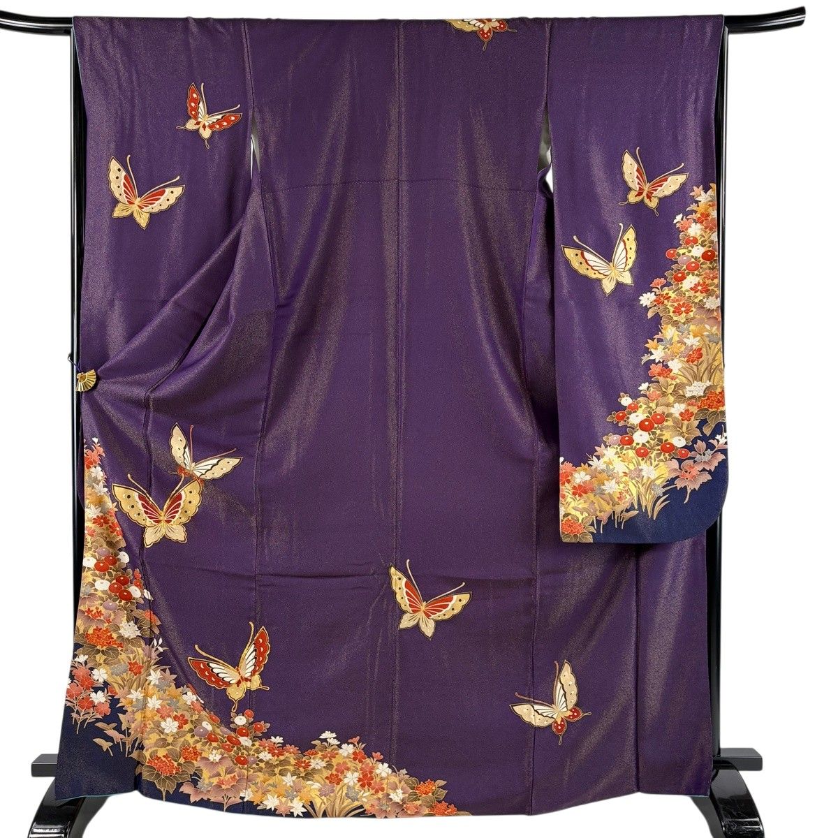 【美品】 振袖 身丈169.5cm 裄丈66cm M 袷 蝶 草花 金通し 金糸 紫 正絹 名品 【中古】