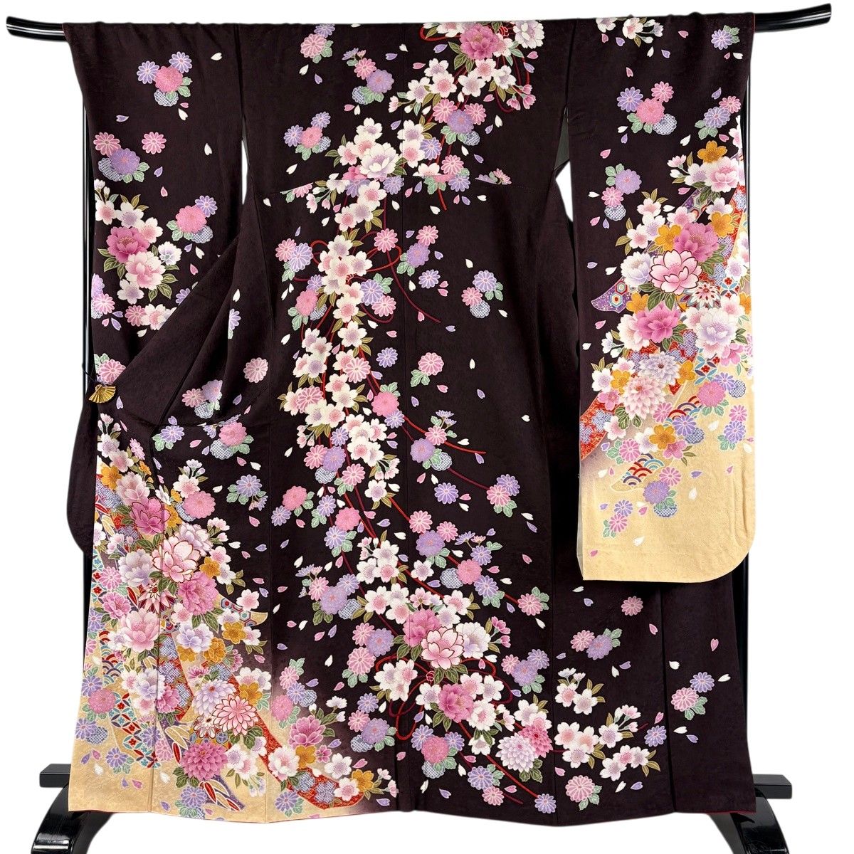 【美品】 振袖 身丈164.5cm 裄丈70.5cm L 袷 草花 熨斗 金糸 金彩 茶紫 正絹 名品 【中古】