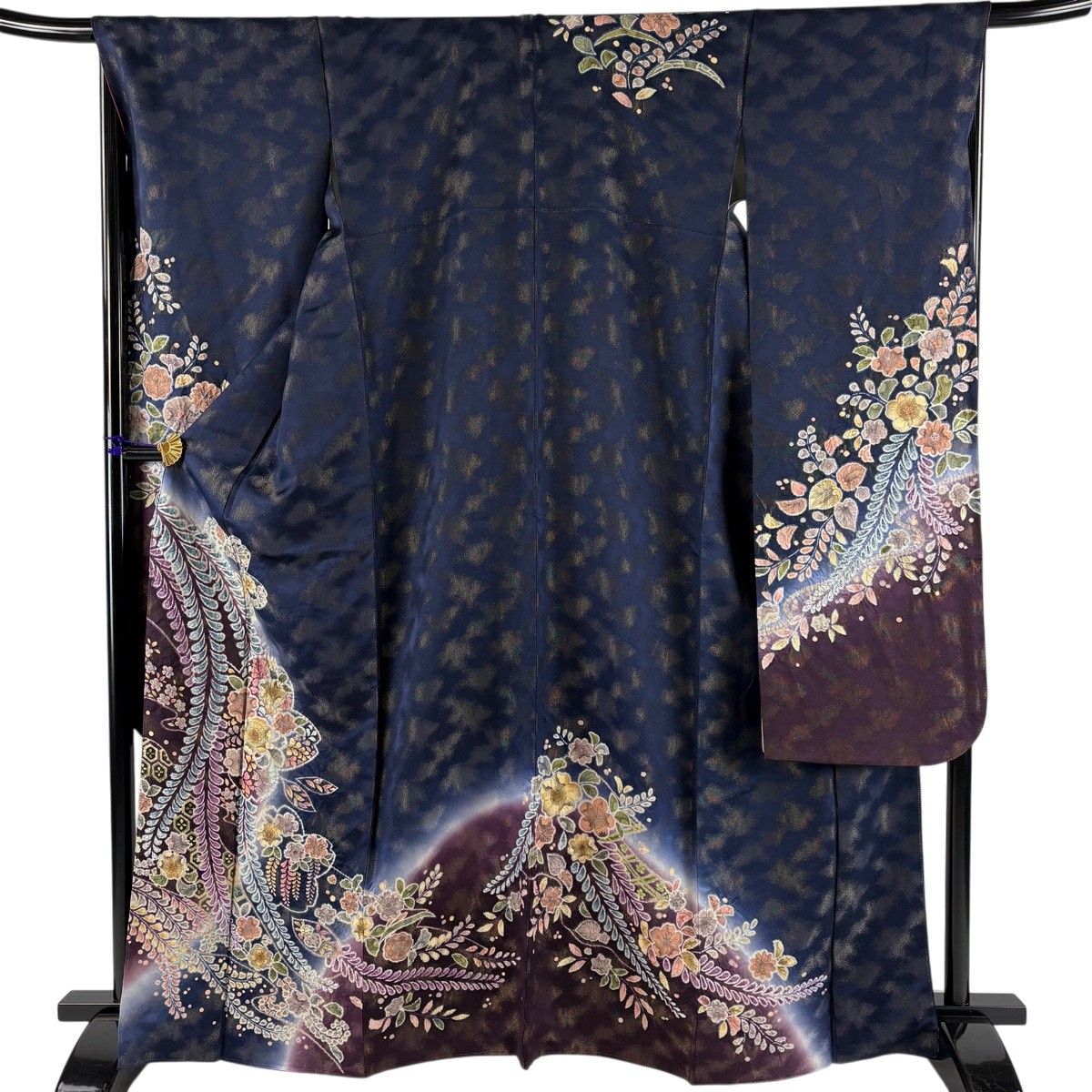 【美品】 振袖 身丈166.5cm 裄丈68cm L 袷 辻が花柄 桜 金通し ぼかし 紺色 正絹 名品 【中古】