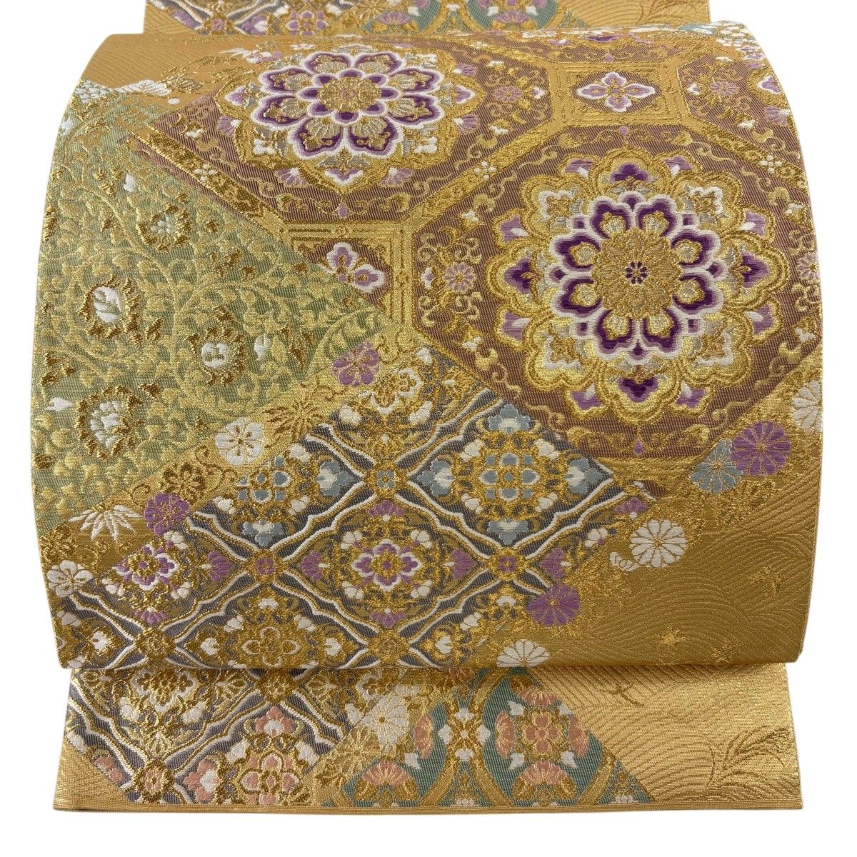 【美品】 丸帯 逸品 じゅらく 落款 帝王紫 蜀江華文 波 金銀糸 箔 山吹色 お太鼓柄 正絹 【中古】