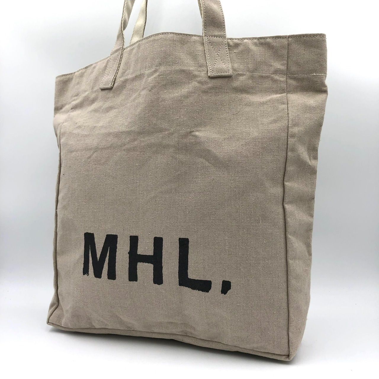 MHL. エムエイチエル トートバッグ キャンバス ベージュ ロゴ 肩掛け 中古
