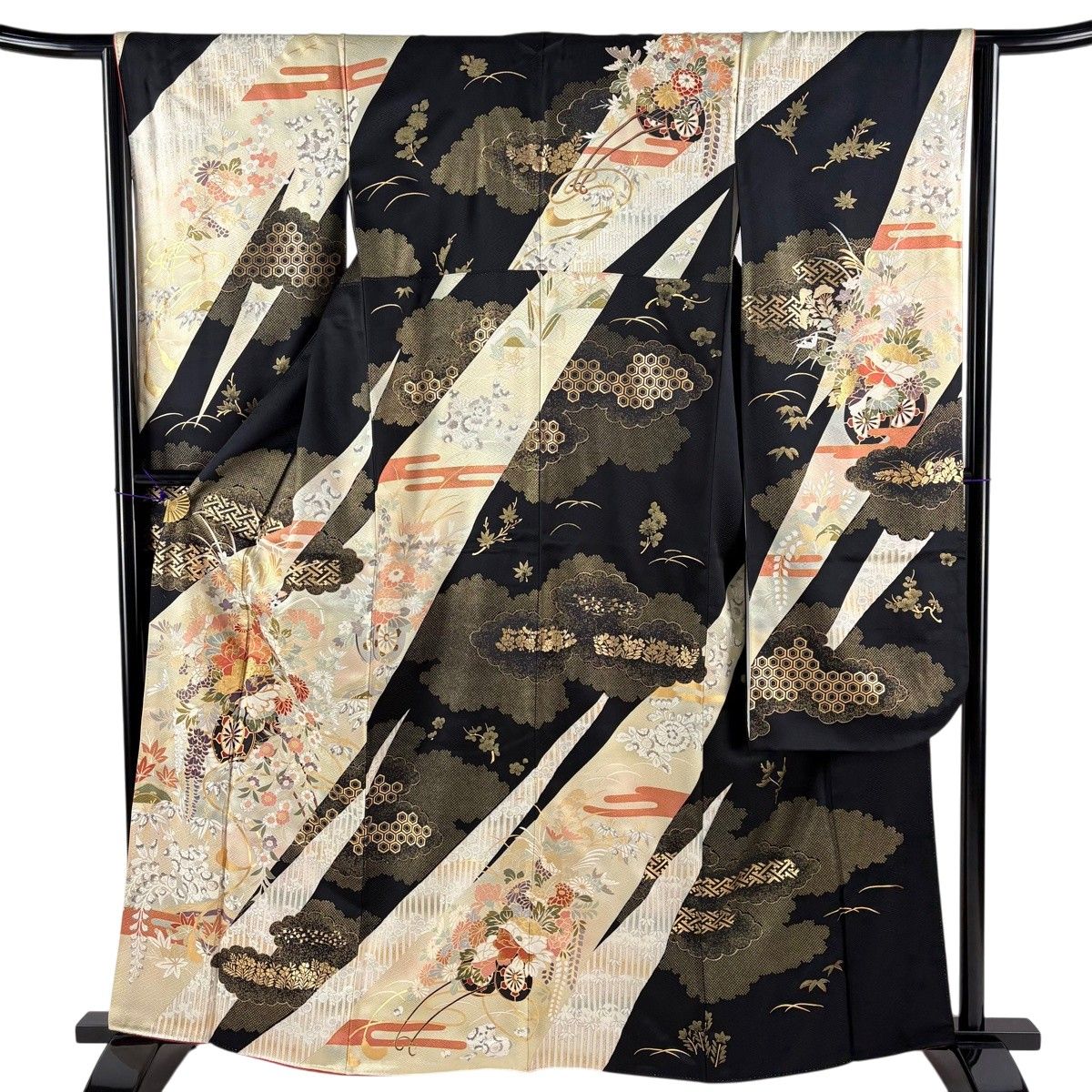 振袖 身丈162cm 裄丈64cm M 袷 花車 草花 金糸 金彩 黒 正絹 秀品 【中古】