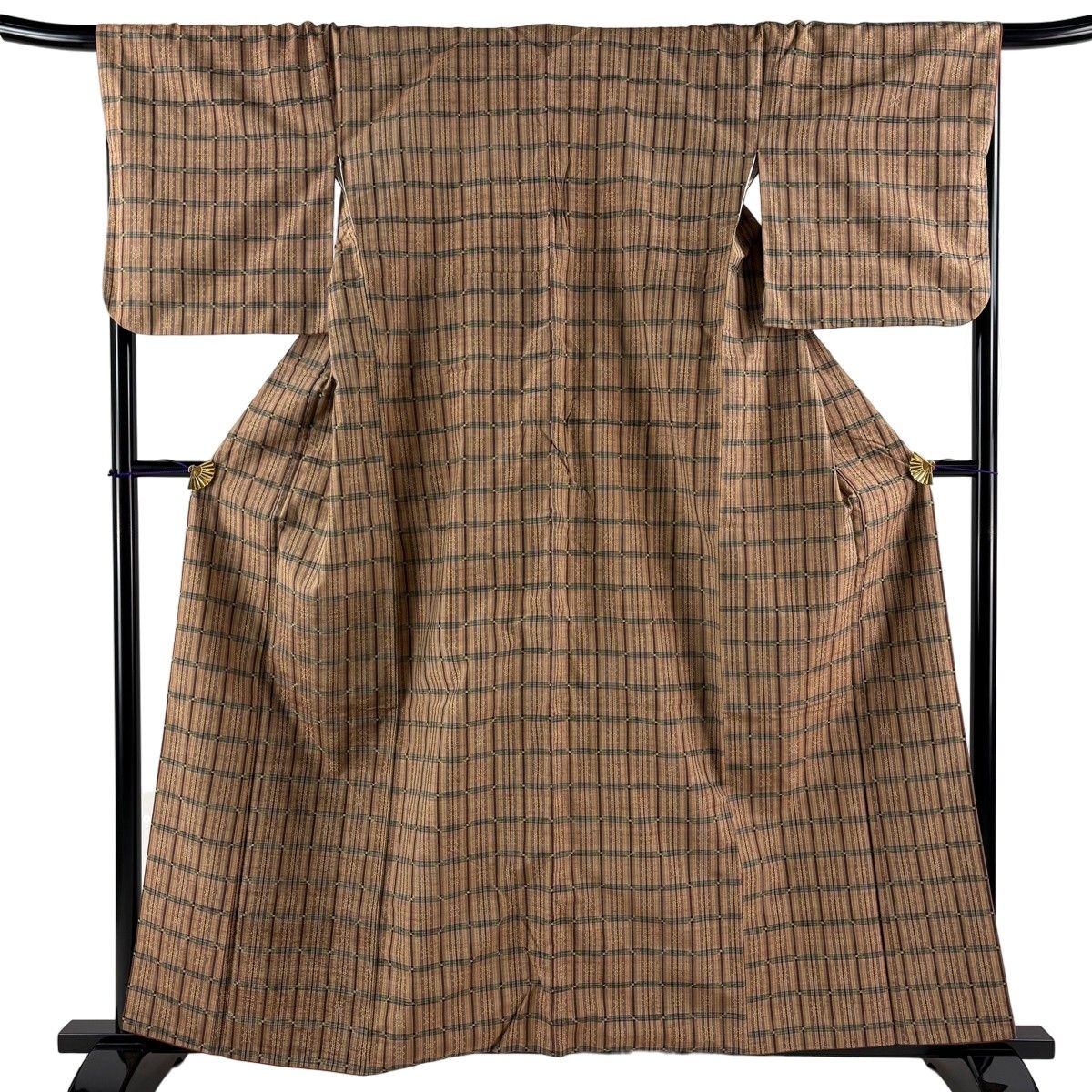 紬 身丈159.5cm 裄丈67.5cm L 袷 格子 花織 茶色 正絹 秀品 【中古】