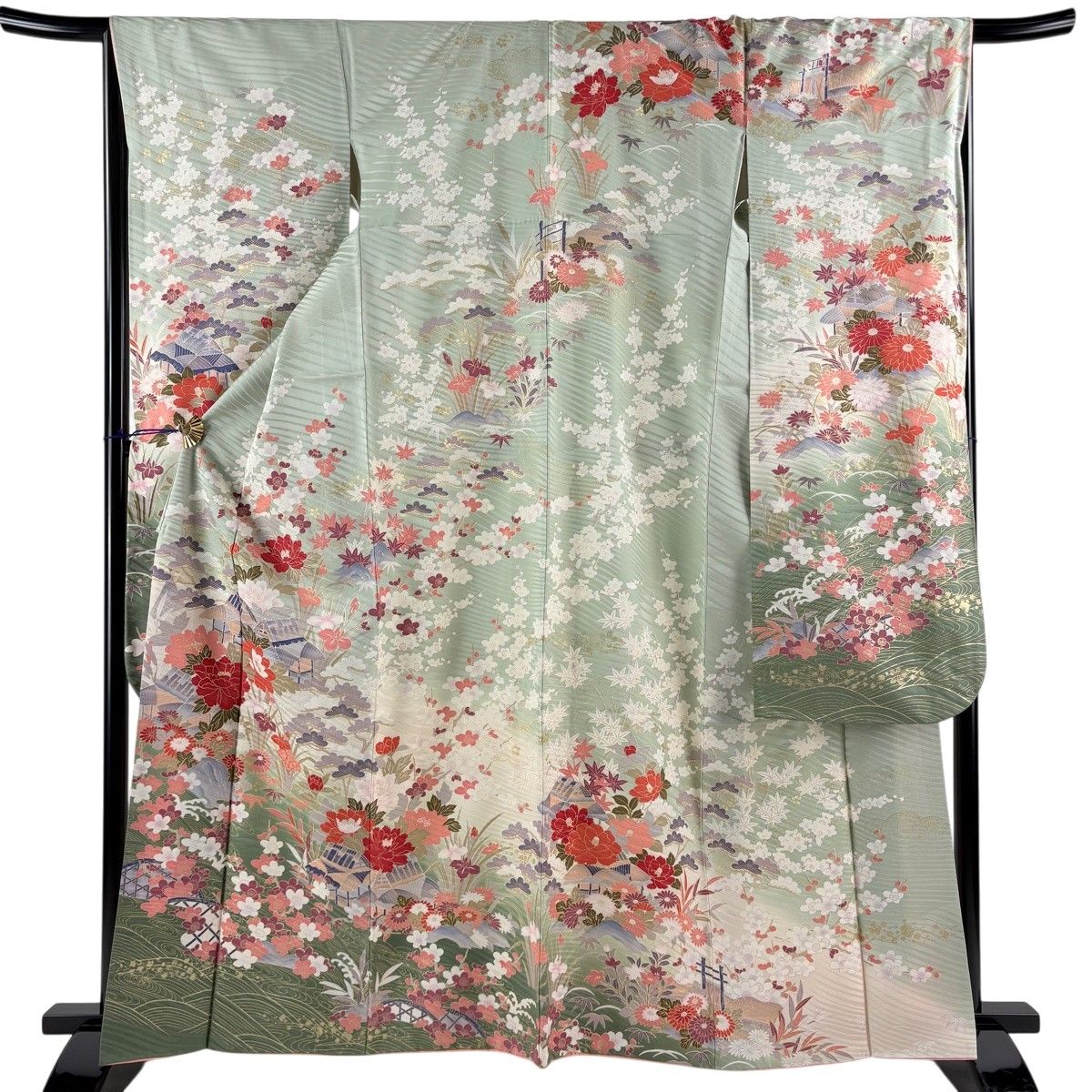 振袖 身丈163cm 裄丈66cm M 袷 牡丹 家屋 金糸 刺繍 抹茶色 正絹 秀品 【中古】