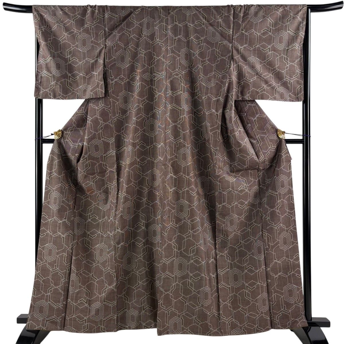 【美品】 紬 身丈163cm 裄丈67cm M 袷 亀甲 焦茶色 正絹 秀品 【中古】