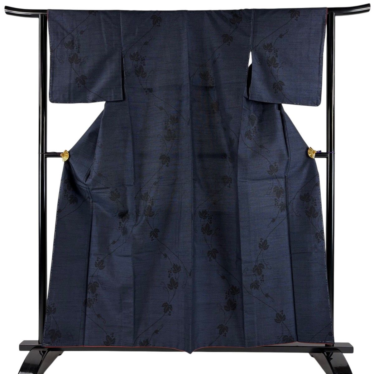 【美品】 お召 身丈160cm 裄丈62.5cm S 袷 本塩沢 証紙 葡萄 紺色 正絹 秀品 【中古】