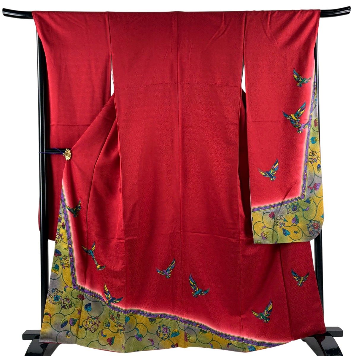 【美品】 振袖 身丈162.5cm 裄丈67.5cm L 袷 鳥 花唐草 染め分け ぼかし 赤 正絹 名品 【中古】