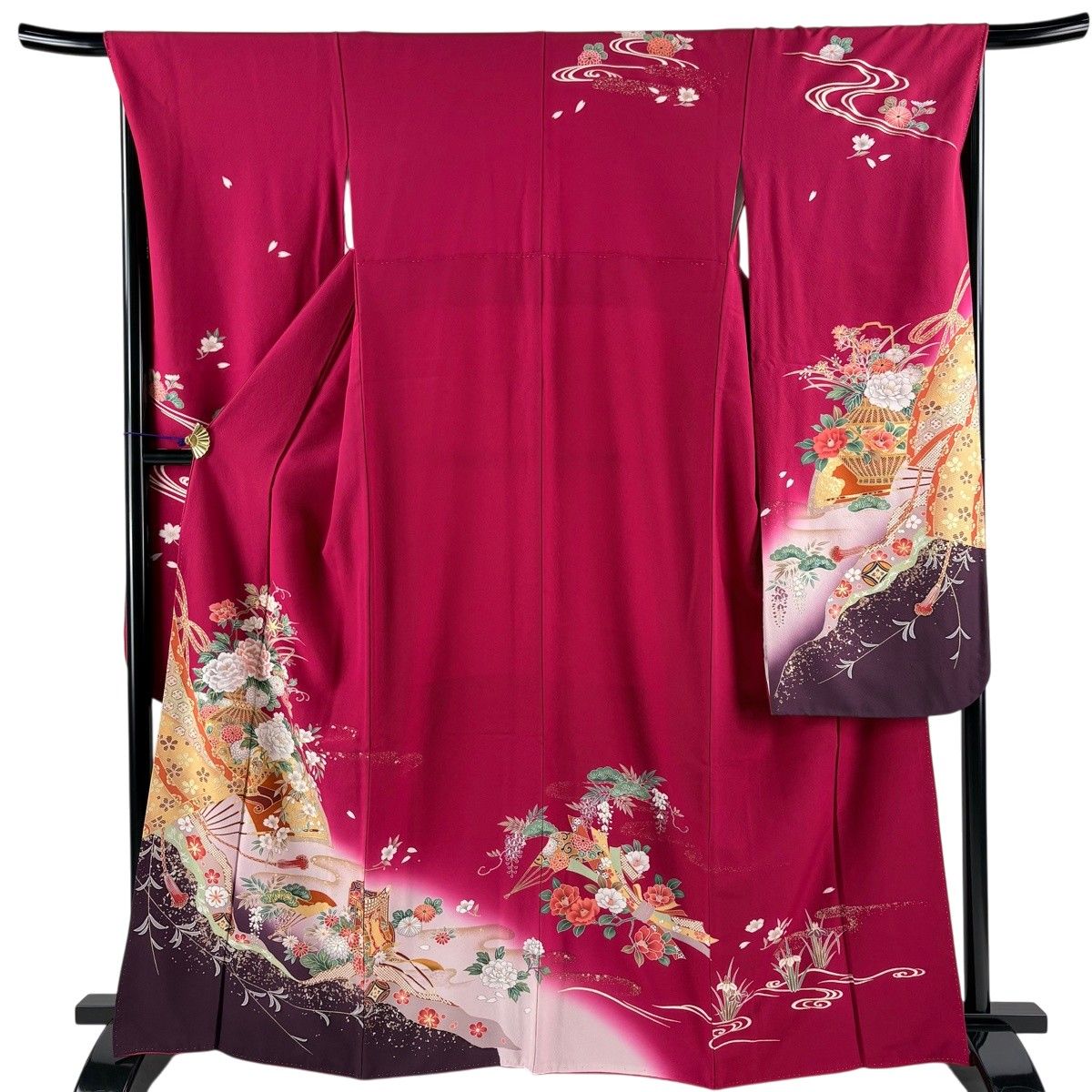 【美品】 振袖 身丈164cm 裄丈68cm L 袷 花籠 御簾 刺繍 金銀彩 濃ピンク 正絹 名品 【中古】
