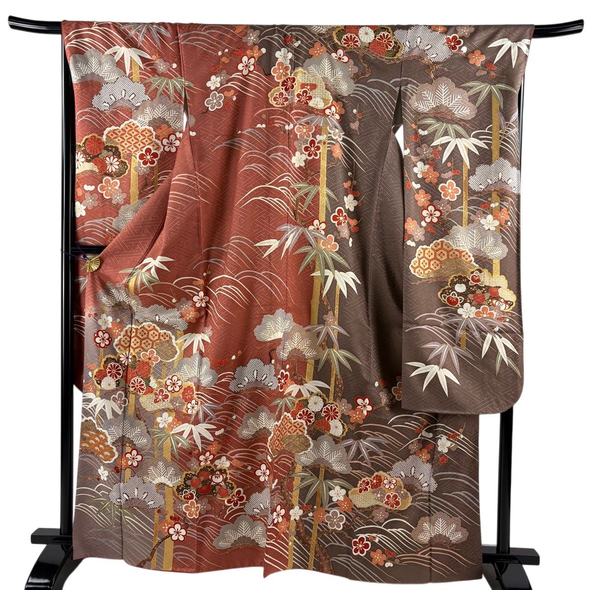 振袖 身丈166cm 裄丈69cm L 袷 松竹梅 波 金彩 染め分け 茜色 正絹 名品 【中古】