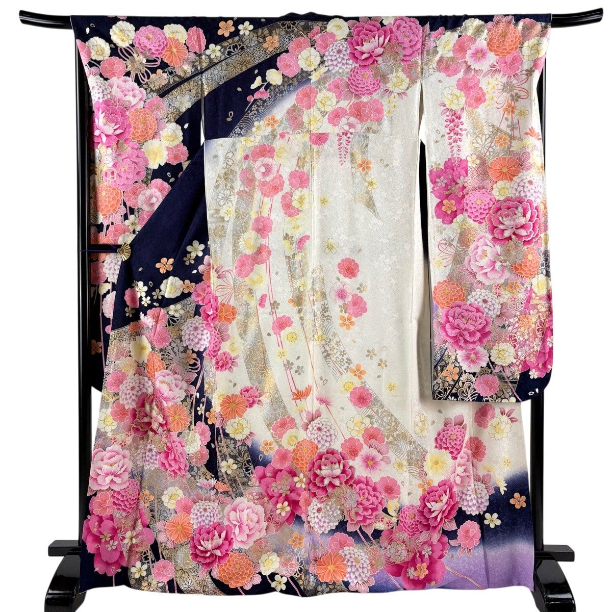【美品】 振袖 身丈168cm 裄丈67.5cm L 袷 牡丹 几帳 箔 金銀彩 紺色 正絹 名品 【中古】