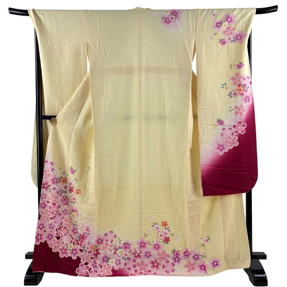 振袖 身丈168cm 裄丈69.5cm L 袷 桜 金糸 金彩 薄黄 正絹 名品 【中古】