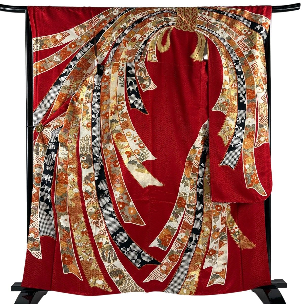 【美品】 振袖 身丈162.5cm 裄丈66cm M 袷 束ね熨斗 牡丹 金糸 金彩 赤 正絹 名品 【中古】