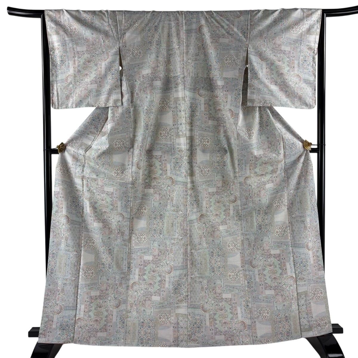 【美品】 紬 身丈165cm 裄丈65.5cm M 袷 華文 寄せ柄 灰緑 正絹 名品 【中古】