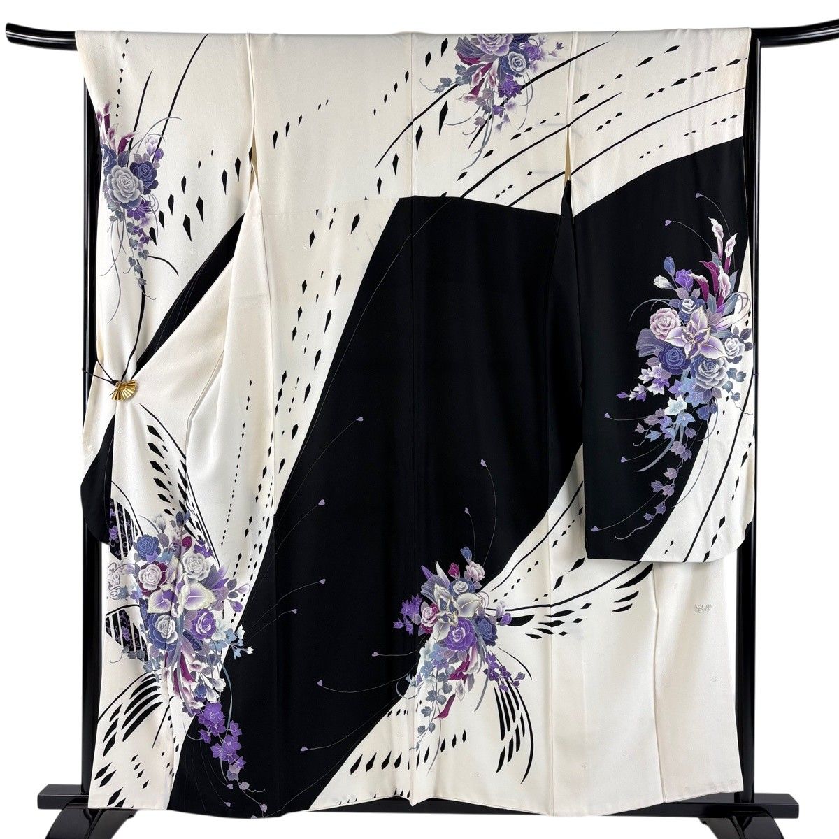 振袖 身丈157.5cm 裄丈66cm M 袷 草花 銀彩 箔 クリーム 正絹 名品 【中古】