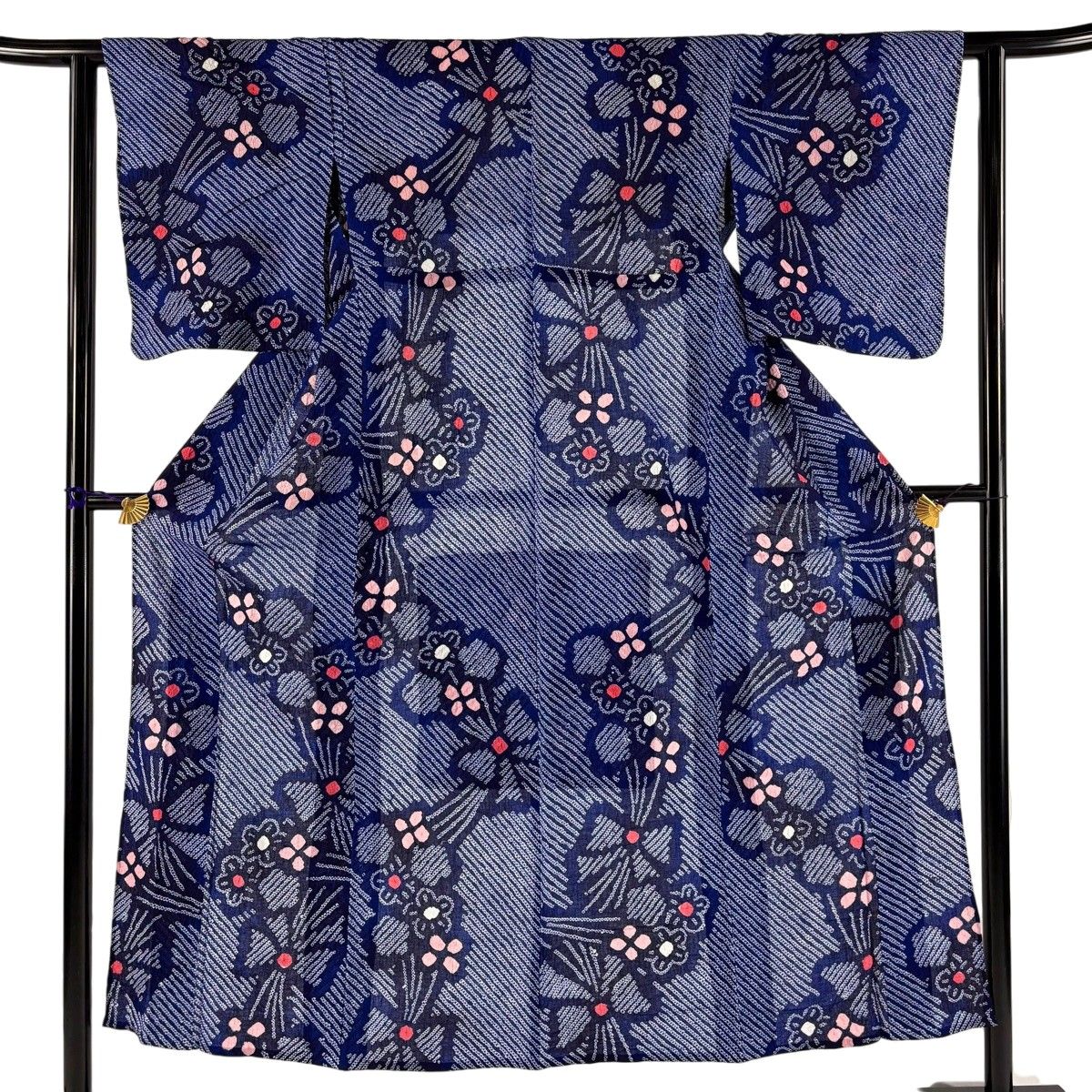 【美品】 浴衣 身丈150.5cm 裄丈60cm S 絞り浴衣 花 幾何学 青 綿 名品 【中古】