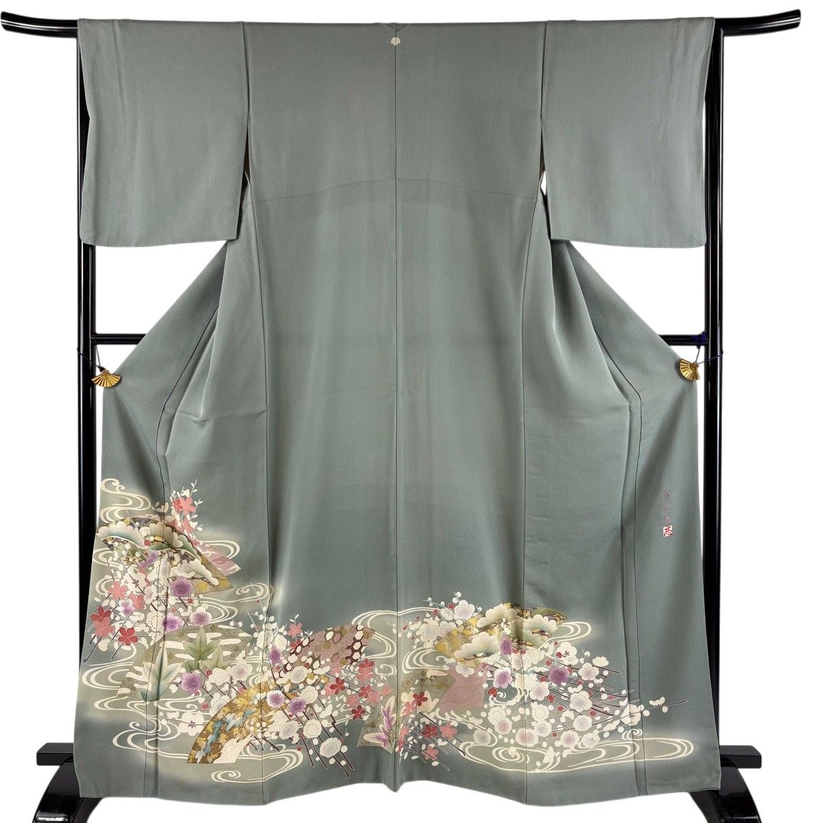 色留袖 身丈164cm 裄丈65.5cm M 袷 帝王紫 落款 扇面 松梅 金銀彩 灰緑 正絹 名品 一つ紋 【中古】