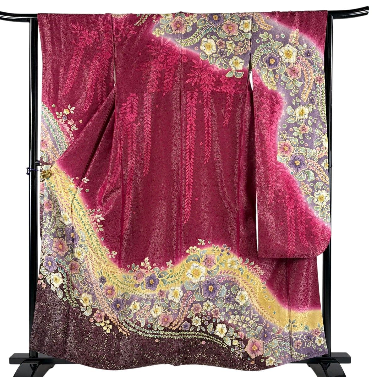 【美品】 振袖 身丈160cm 裄丈64cm M 袷 辻が花 銀通し 赤紫 正絹 名品 【中古】